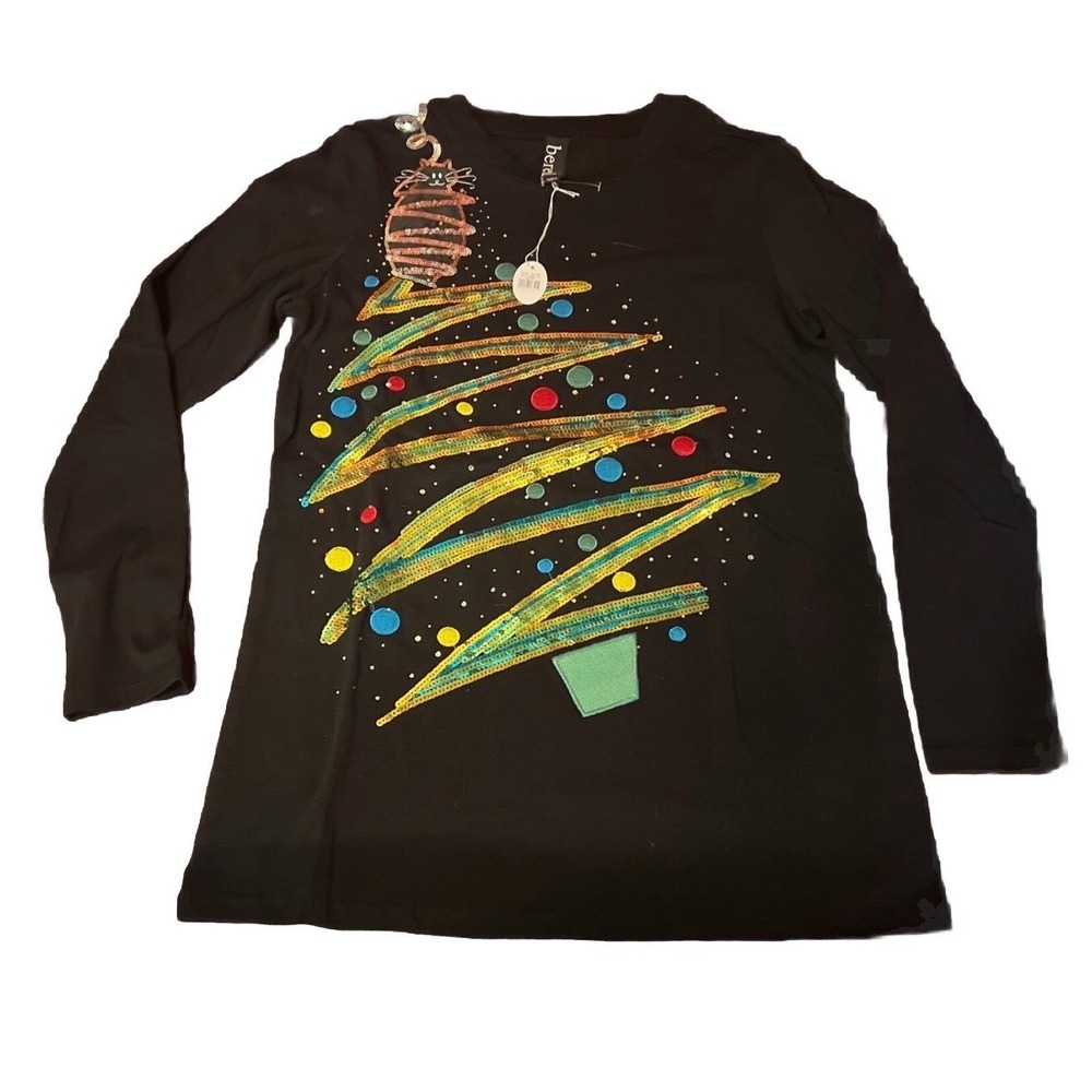 Berek Womens L Black Sequin Christmas Tree Cat Long Sleeve Holiday Tunic Shirt